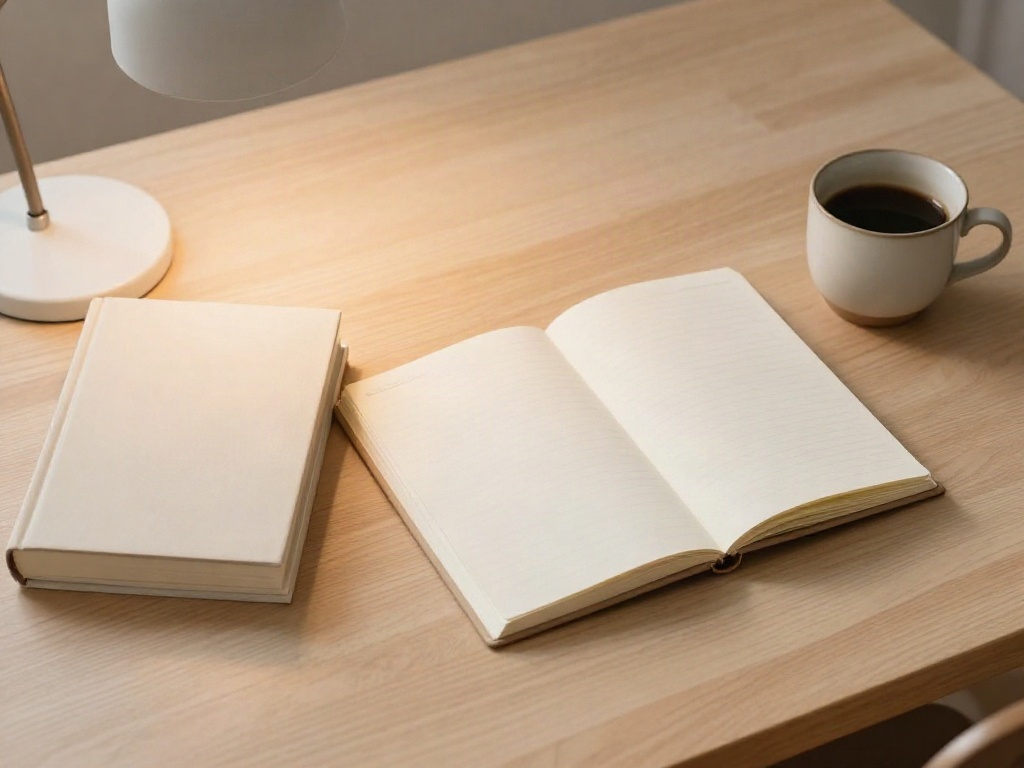 A small stack of business books, an open notebook and a ceramic cup on a pale oak table