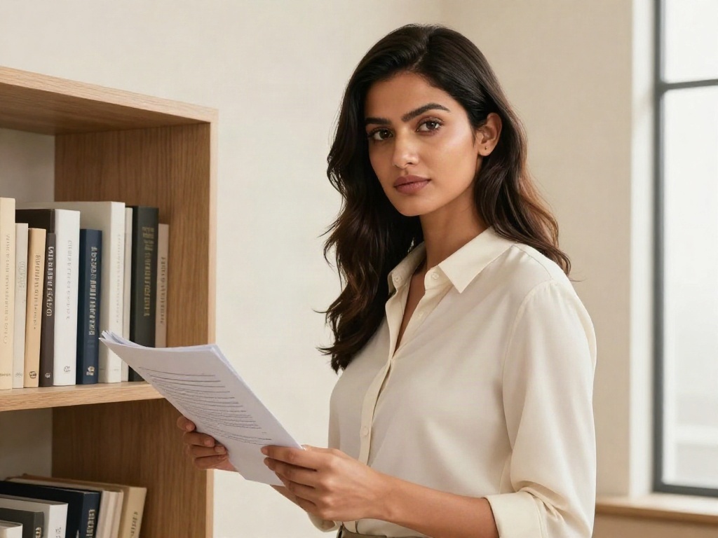 An editor holding a printed report in a bright minimal office beside a shelf of business books