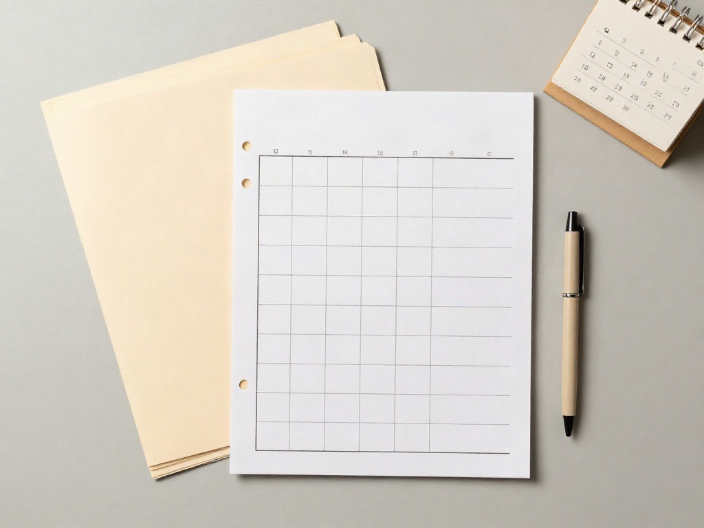 A blank monthly checklist, cream folders, a pen and a small desk calendar on a pale surface
