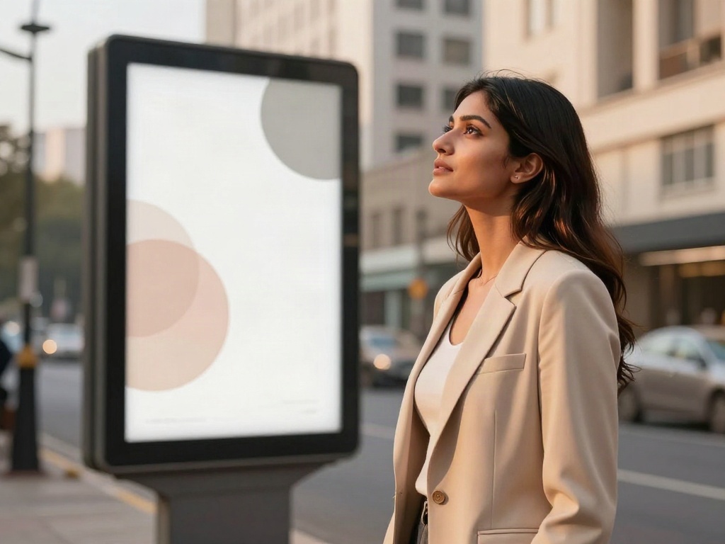 A marketer reviewing an outdoor advertising mock-up on a city street