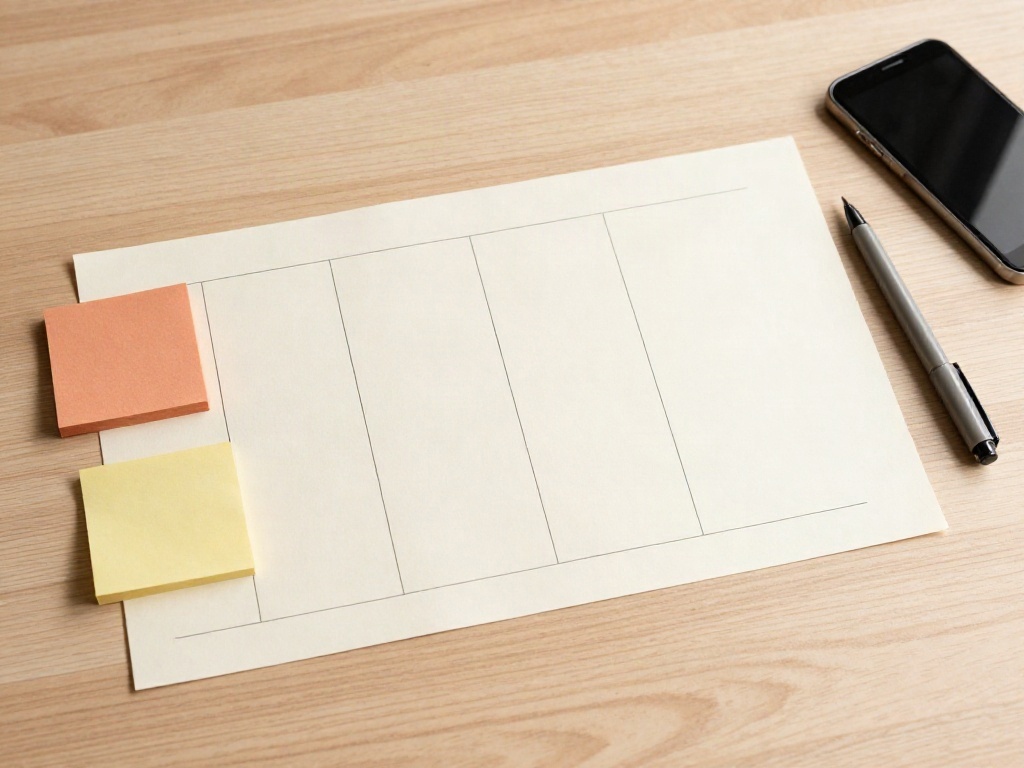 A printed six-week campaign timeline with terracotta sticky notes and a fine liner pen