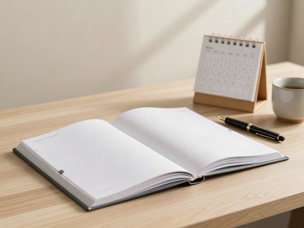A blank business plan workbook with tabbed dividers and a pen on a desk