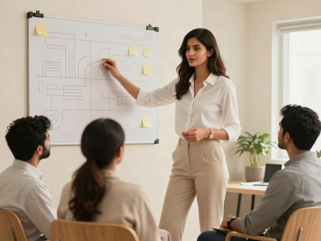 A manager presenting a simple plan to colleagues in a bright office
