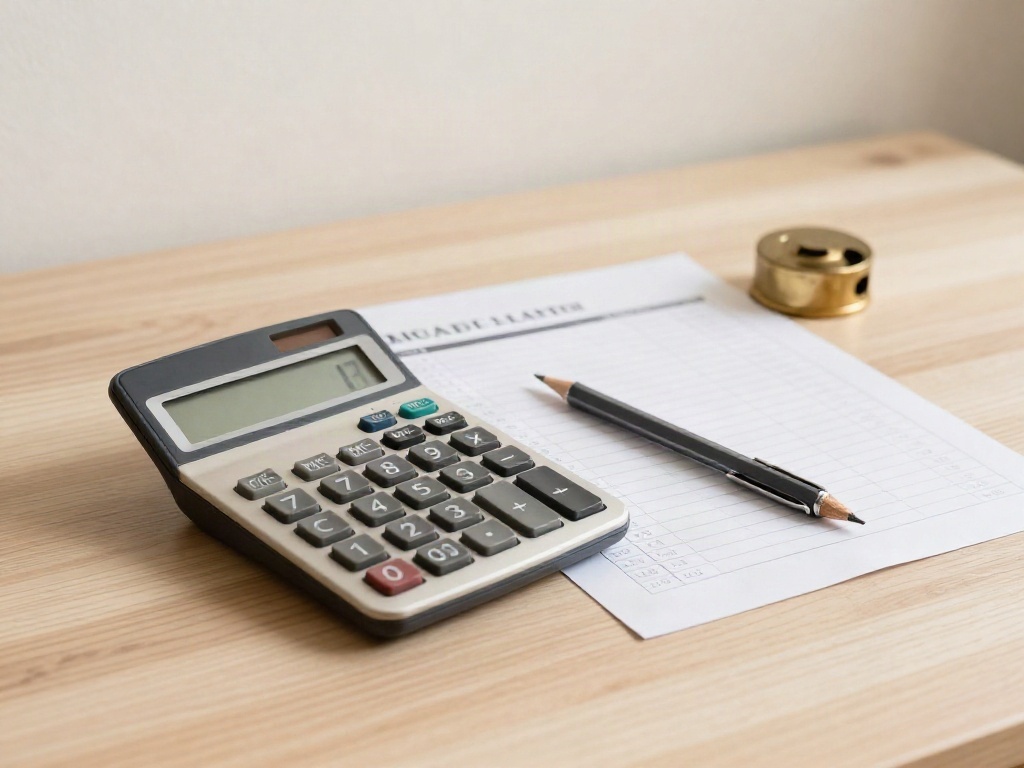 A desk calculator, a blank budget grid and a pencil on a pale oak desk
