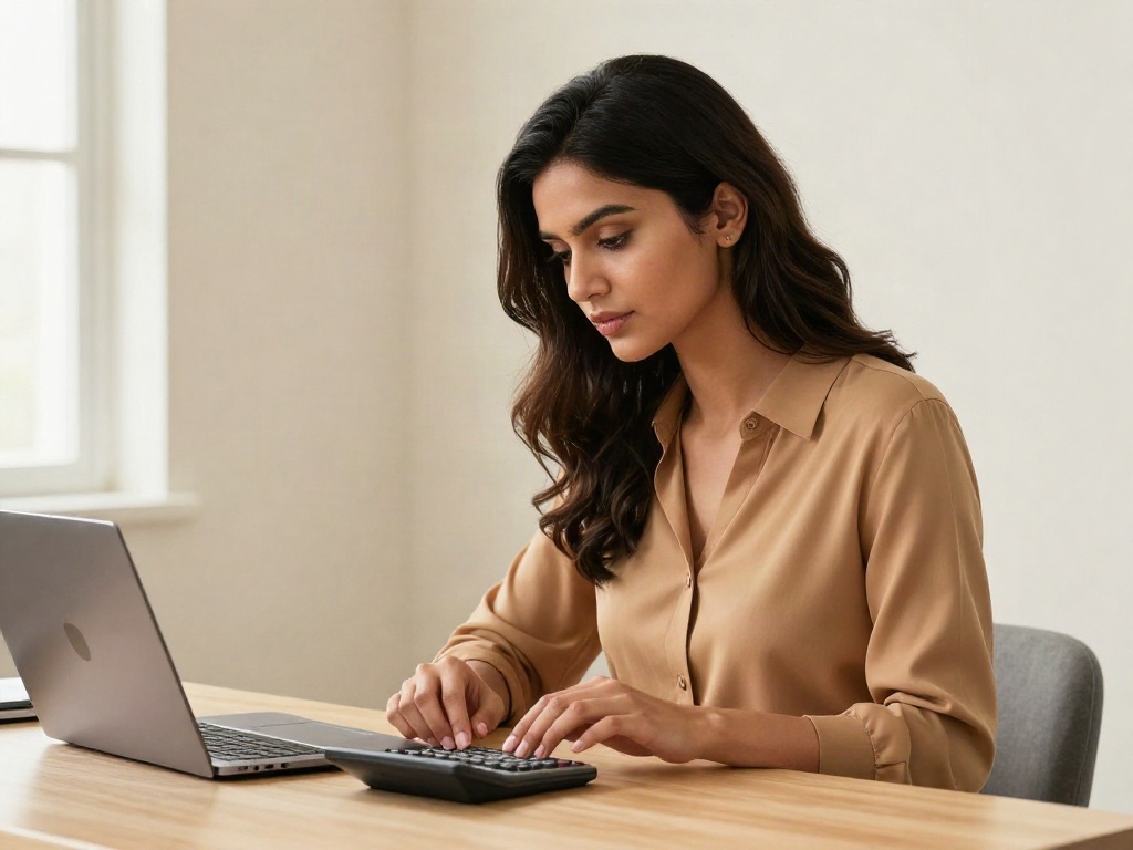 A business owner working out a monthly marketing budget at a bright pale oak desk