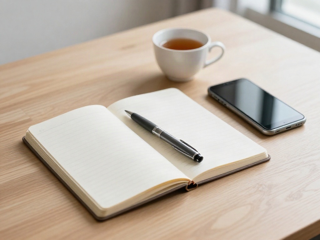 An open notebook, a pen and a phone laid out beside a cup of tea on a pale oak table