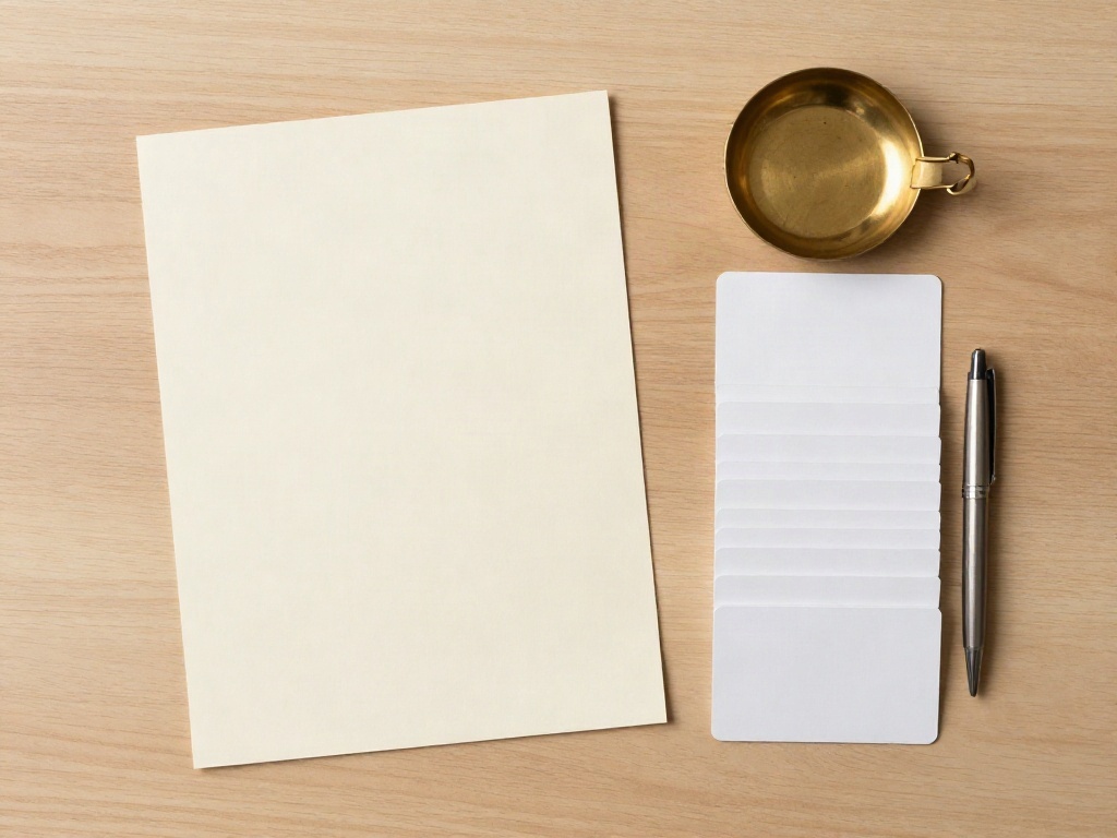 A short printed list with blank business cards and a pen on a pale oak table