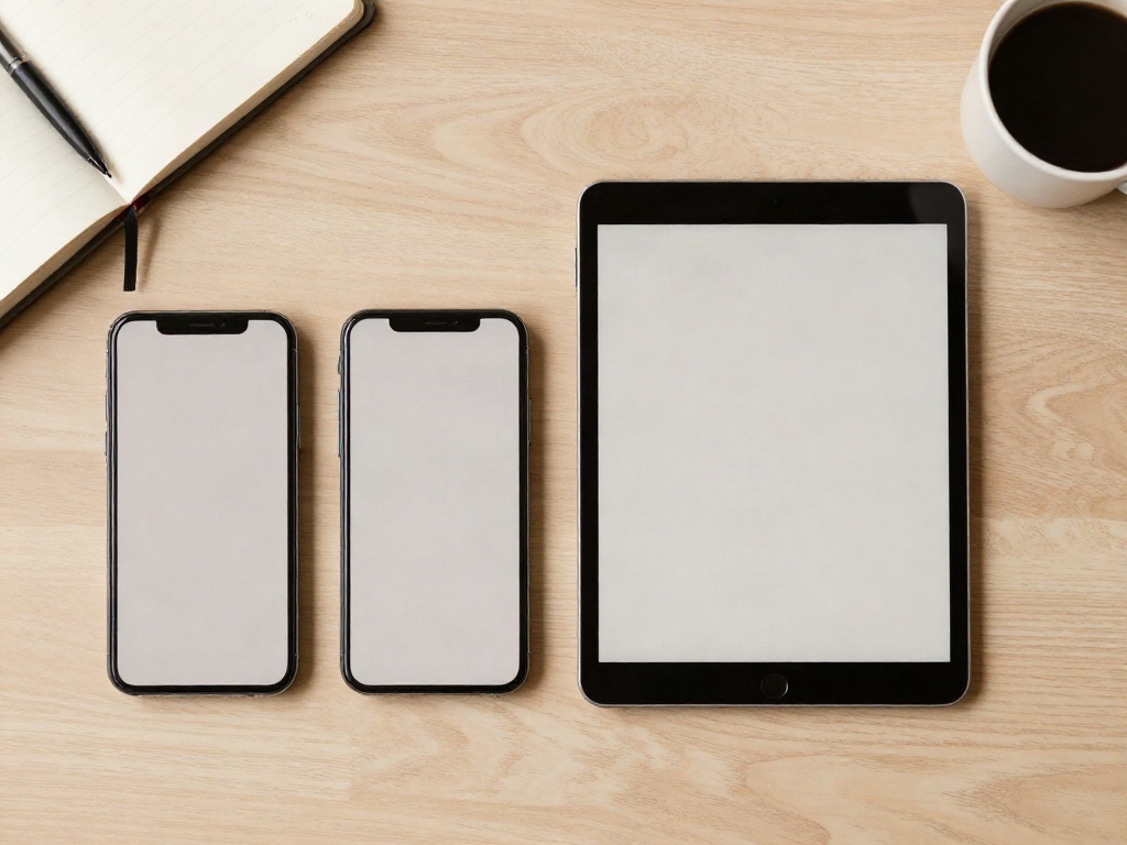 Two phones and a tablet with blank screens arranged beside a notebook and coffee
