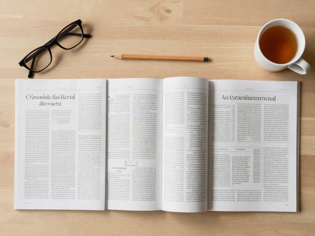 Printed long-form articles, reading glasses and a cup of tea on a pale table