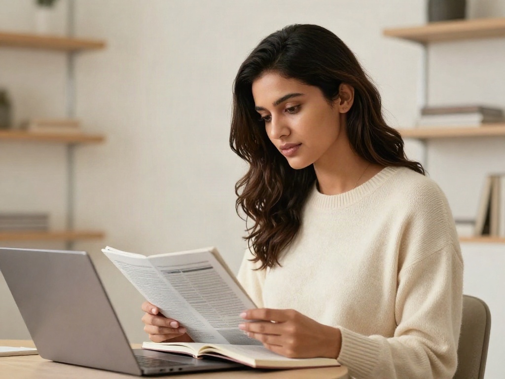 A reader working through long-form articles on a laptop in a bright reading room