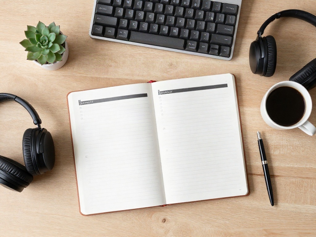 Desk planner, headphones and coffee arranged on a pale oak desk