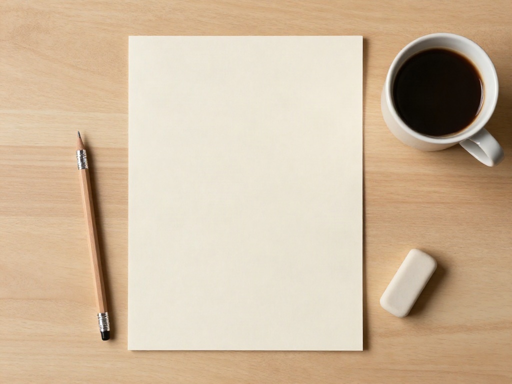 One blank cream sheet of paper on a pale oak desk with a pencil and a cup of coffee