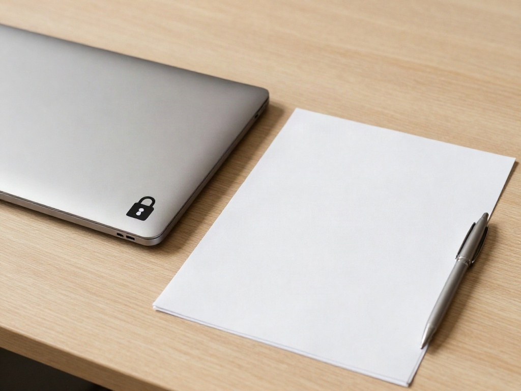 A closed laptop with a small padlock sticker resting on a blank form and a pen