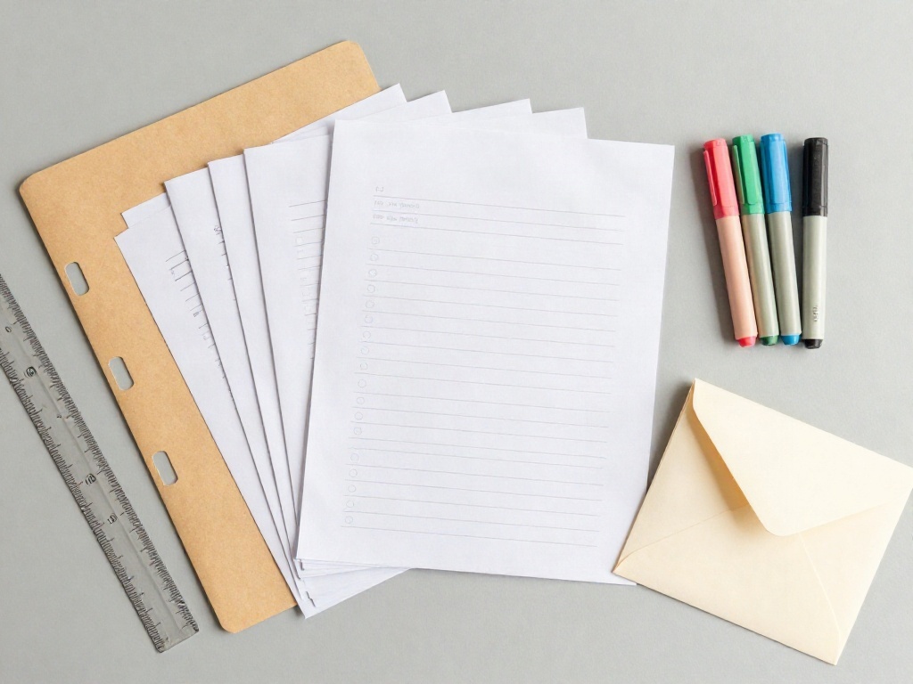 A neat fan of blank printed checklist pages, folders and highlighters on a pale surface