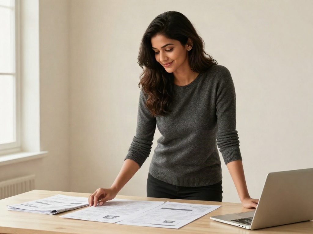 A manager laying out printed template pages beside a laptop on a wide desk